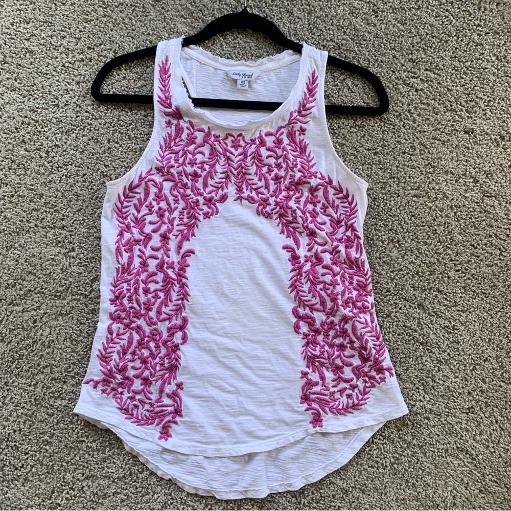 Lucky Brand White Tank Purple Pink Embroidery Size Extra Small